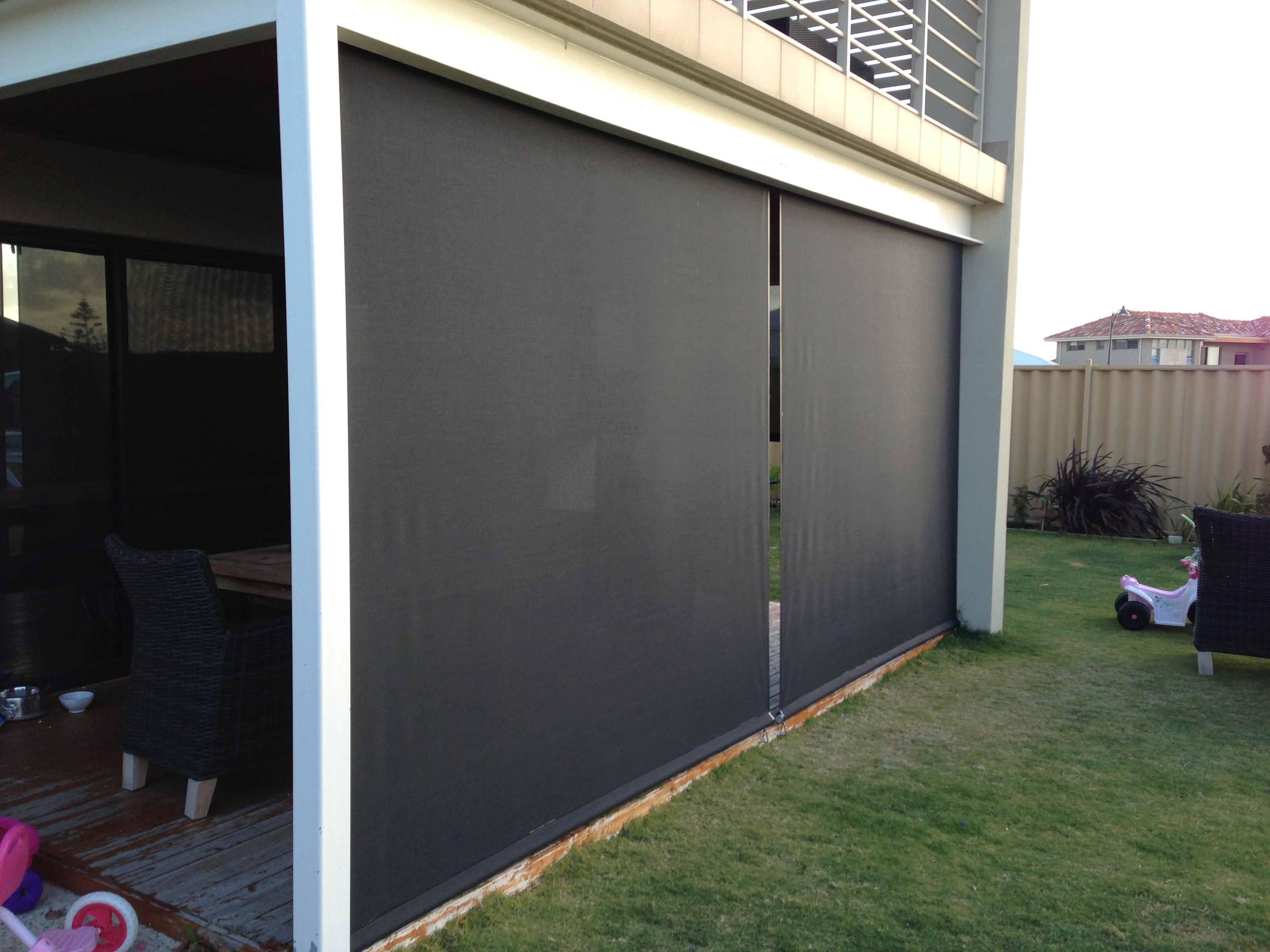 Straight drop blinds on a Sydney verandah
